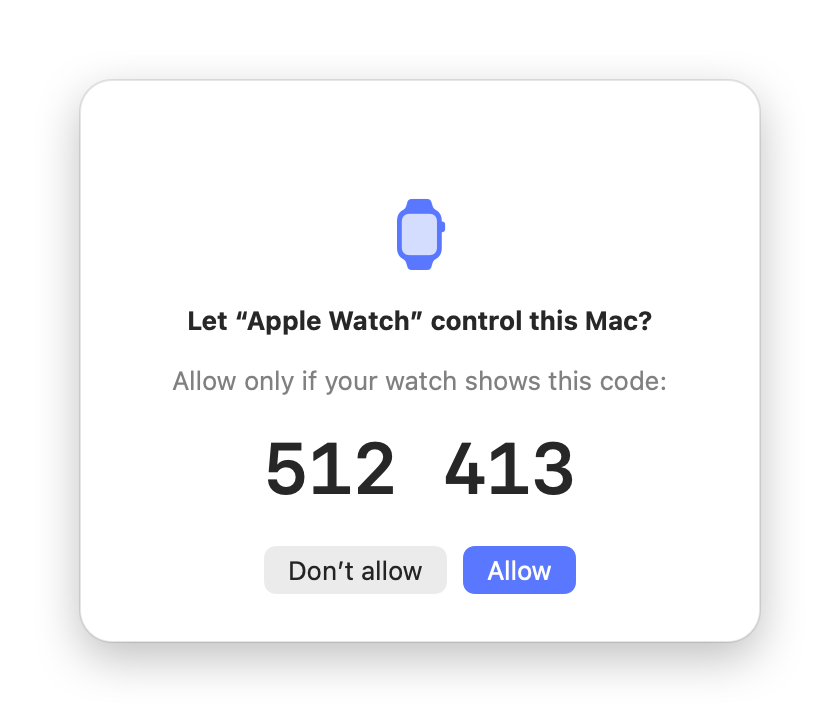The pairing window on a Mac: Let Apple Watch control this Mac? Allow only if your watch shows this code: 512 413. With Don’t allow and Allow buttons.